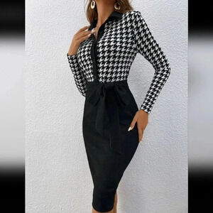 Houndstooth Print Belted Bodycon Dress